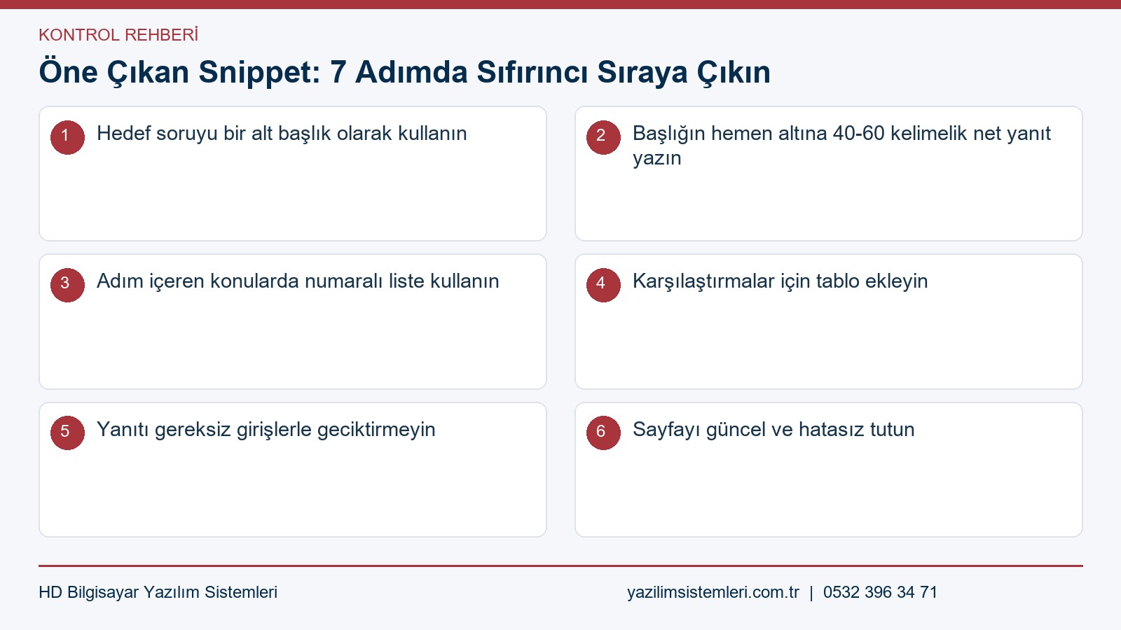 Öne çıkan snippet kontrol listesi